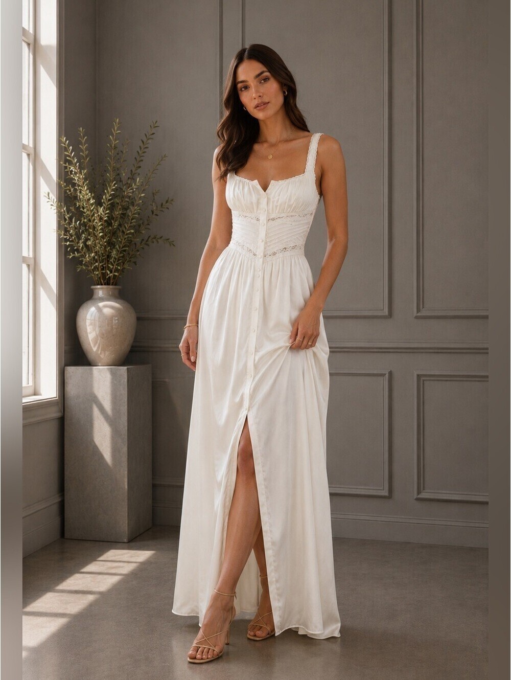 NEW, House of CB Ivory Real Silk Maxi Dress in Sz S  #MD2444